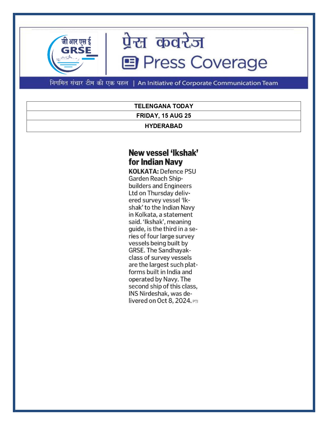 Press Coverage : 15 Aug 25:GRSE delivers survey vessel Ikshak to Navy